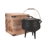 Wildtrak 8L Cast-Iron Pre-Seasoned Potjie Pot with 3 Feet, Spiral Bail Handle, and Wooden Box